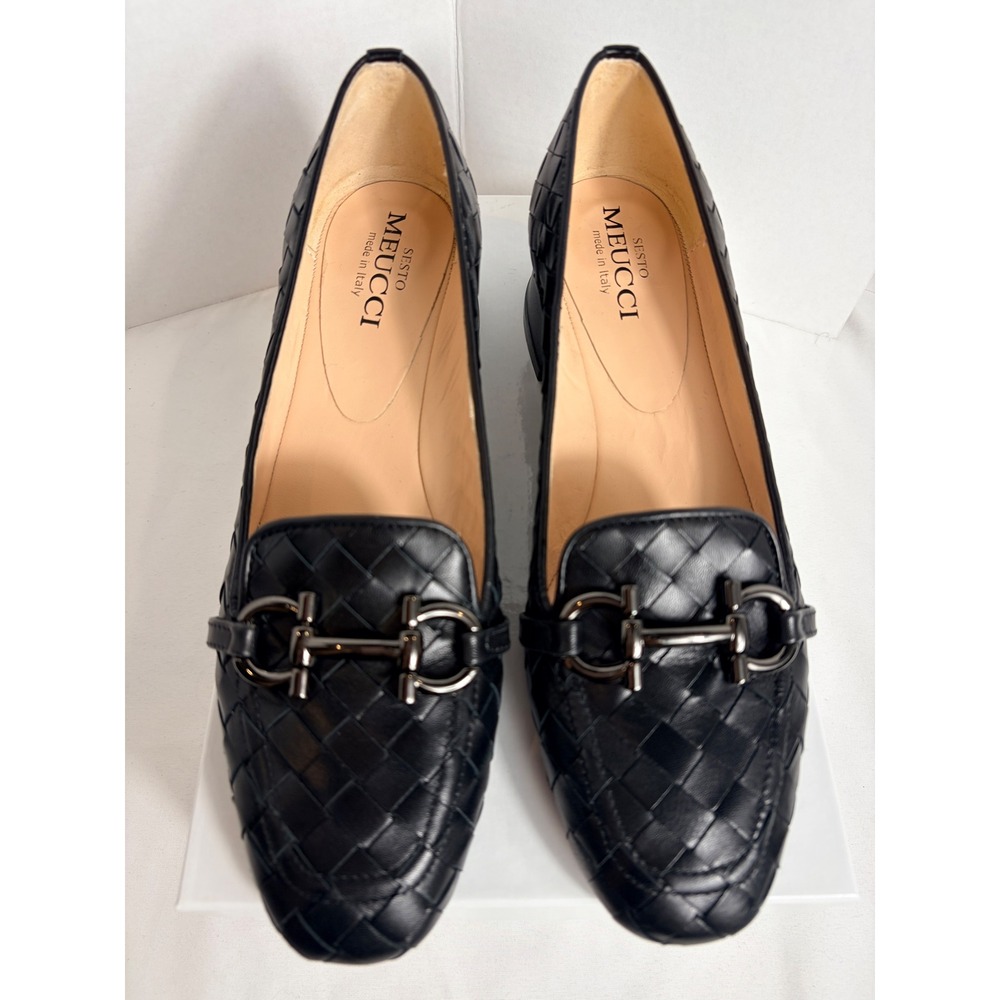 Sesto Meucci Womens Loafers Black Woven Leather Horsebit Block Heel Size 8 M
